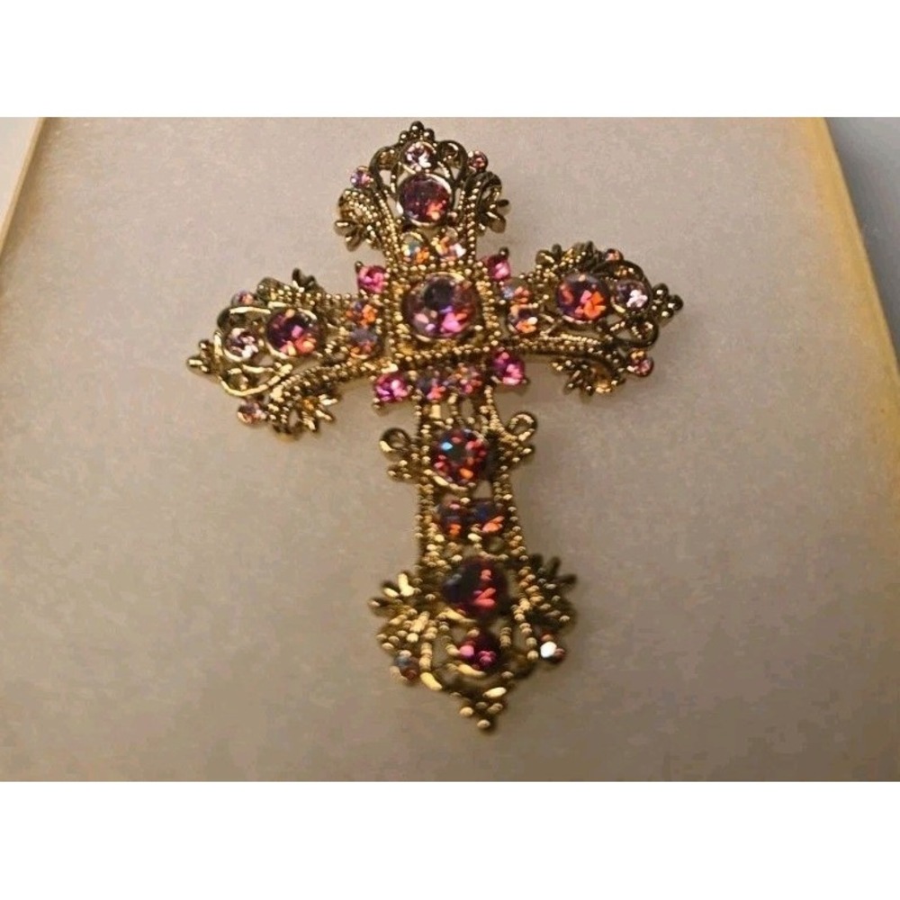 Kirks Folly Cross Brooch Pin Gold Tone AB Pink Rhinestone Statement Signed
